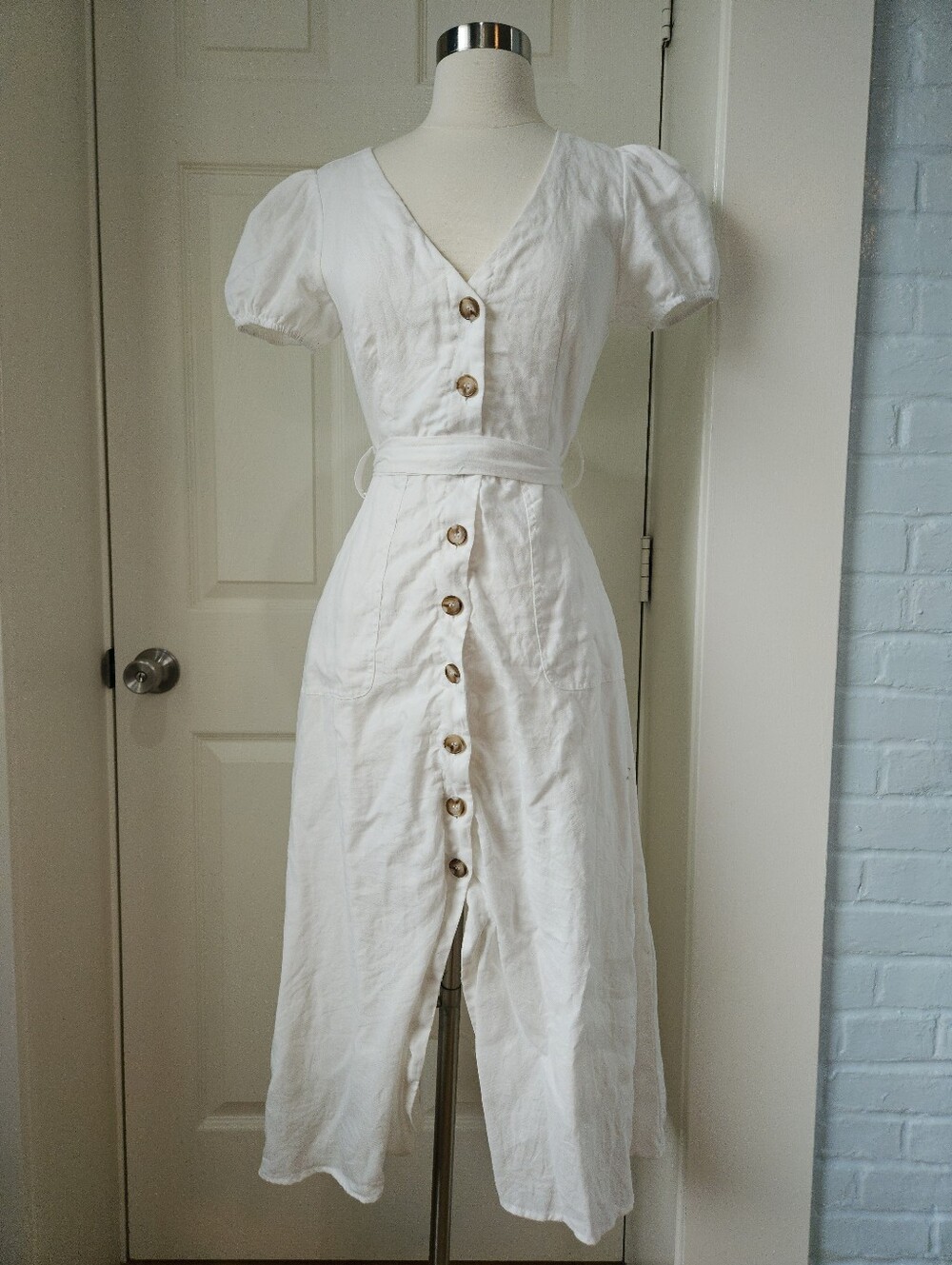 Lulus White Midi Dress Puff Sleeve Cottagecore Linen Cotton Belt Fairy Small